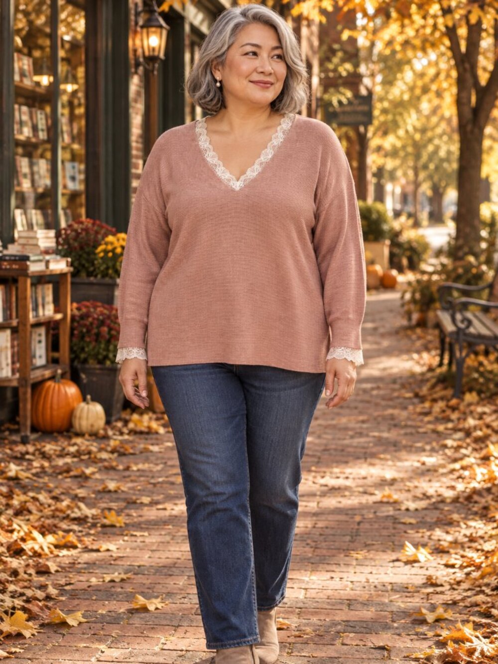 Sioni Milano Blush Pink Lace Trim V-Neck Sweater Size 1X